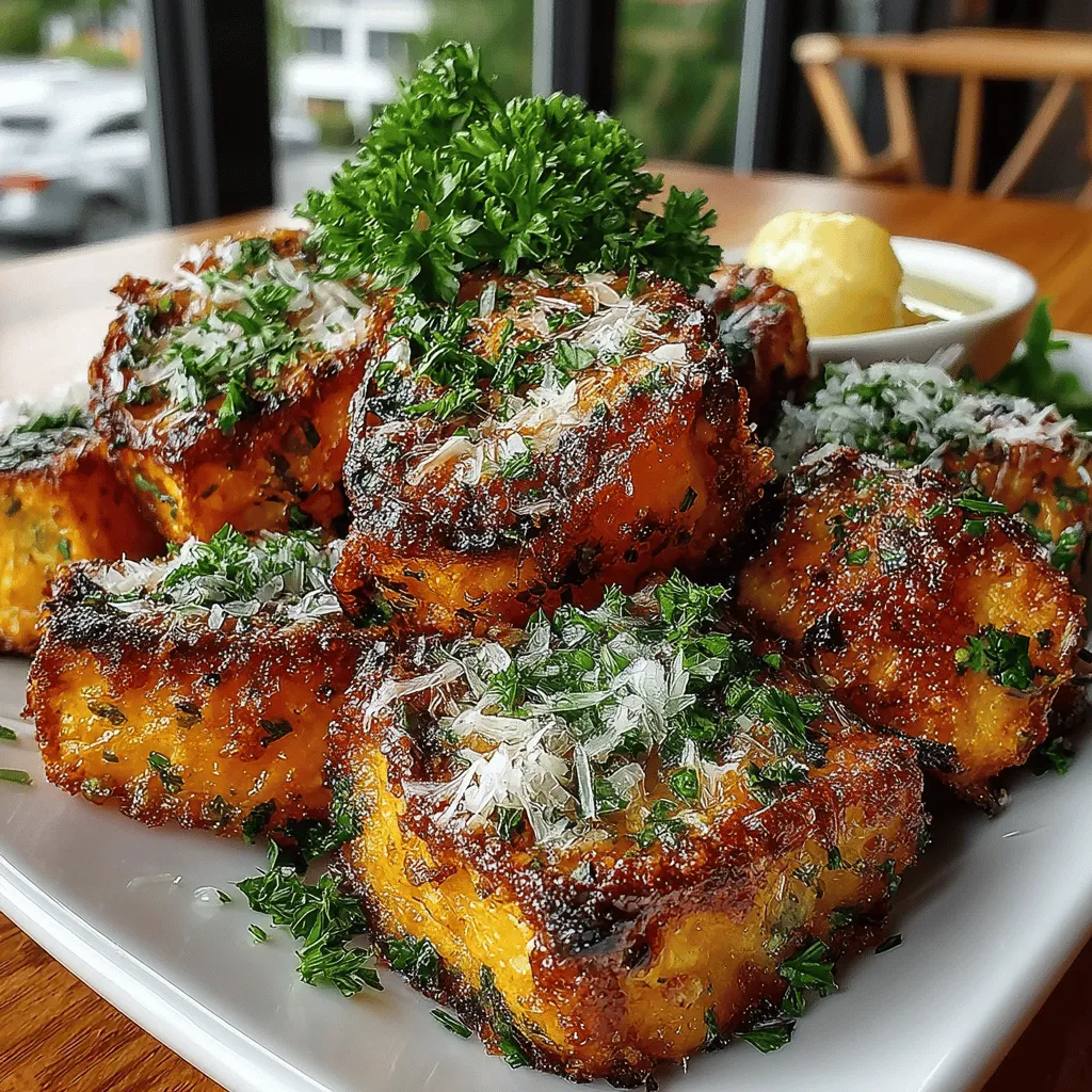 - 2 large sweet potatoes, peeled and cut into 1-inch cubes - 3 tablespoons olive oil - 1 teaspoon garlic powder - 1 teaspoon paprika - Salt and pepper, to taste - 1 cup grated Parmesan cheese - 2 tablespoons fresh parsley, chopped (for garnish)