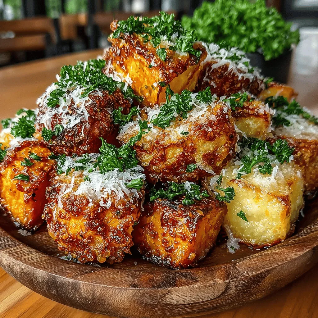 - 2 large sweet potatoes, peeled and cut into 1-inch cubes - 3 tablespoons olive oil - 1 teaspoon garlic powder - 1 teaspoon paprika - Salt and pepper, to taste - 1 cup grated Parmesan cheese - 2 tablespoons fresh parsley, chopped (for garnish)