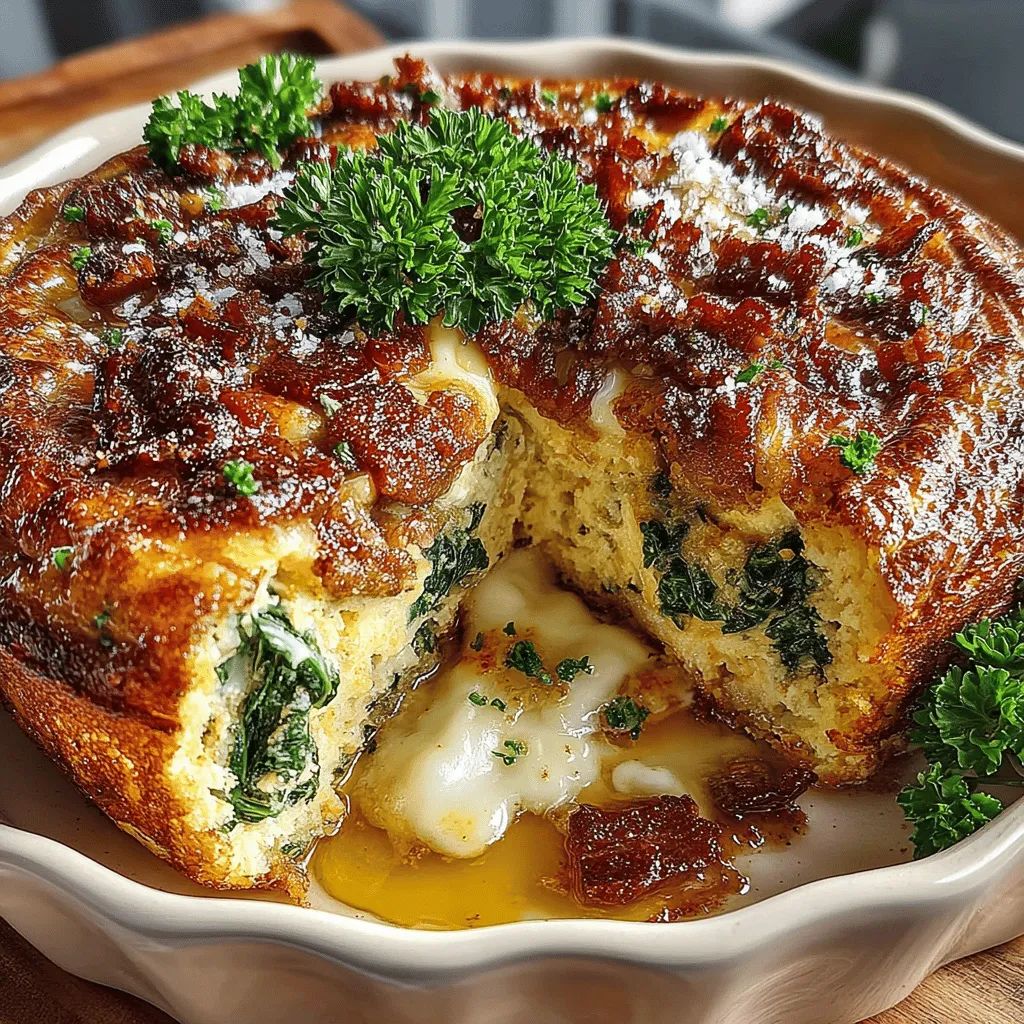 The Savory Bacon & Spinach Egg Bake is more than just a breakfast dish; it's a celebration of flavors that brings together the rich, creamy texture of eggs, the hearty smokiness of crispy bacon, and the vibrant freshness of spinach. This dish is ideal for breakfast or brunch, whether you are hosting friends, enjoying a family gathering, or simply treating yourself to a hearty meal. Its easy preparation and mouthwatering taste make it a versatile option that can be enjoyed on any occasion, from casual weekends to special celebrations.