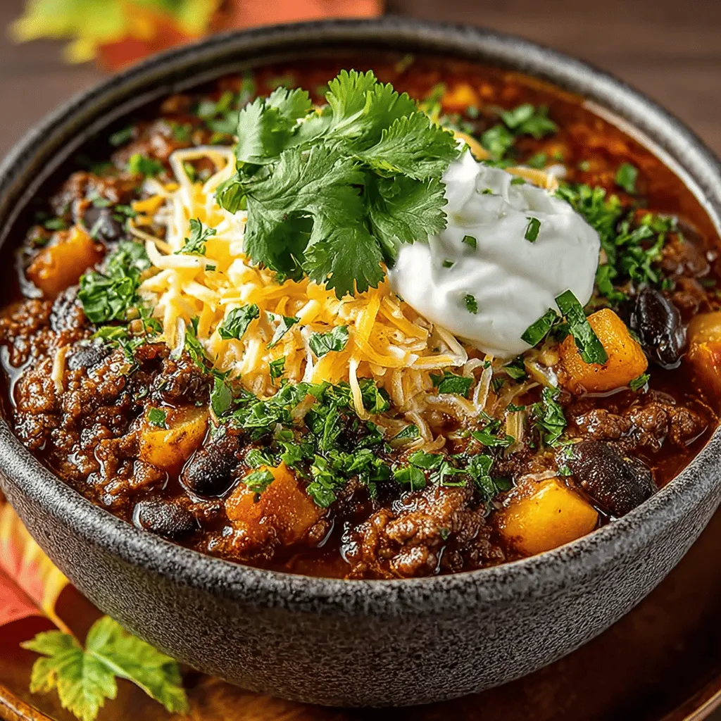 - 1 pound ground beef - 1 cup pumpkin puree - 1 can (15 ounces) black beans, drained and rinsed - 1 can (14.5 ounces) diced tomatoes with green chilies - 1 medium onion, diced - 2 cloves garlic, minced - 2 tablespoons olive oil - 2 tablespoons chili powder - 1 teaspoon ground cumin - 1 teaspoon smoked paprika - Salt and pepper to taste - 1 cup vegetable broth - Fresh cilantro for garnish (optional)