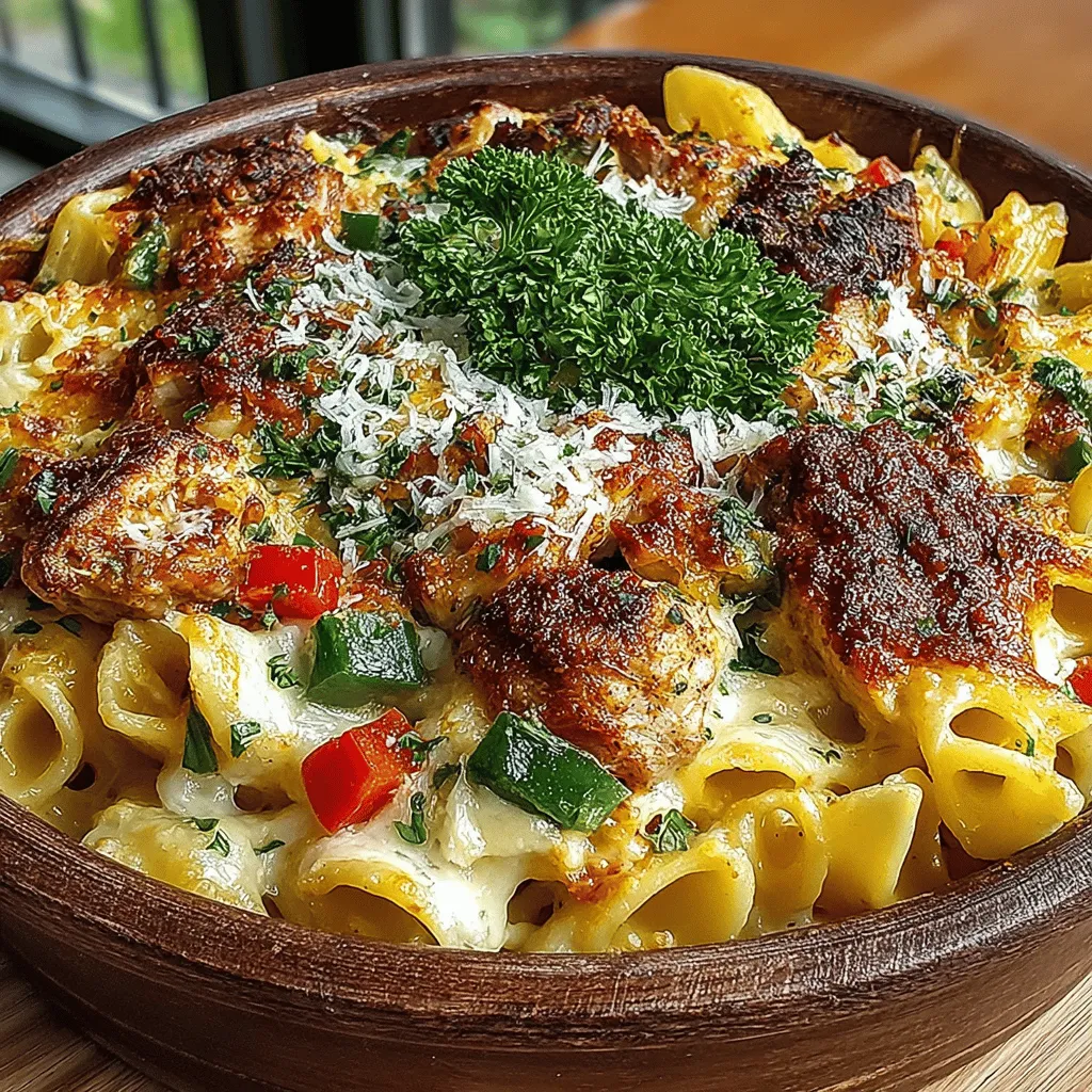 - 12 oz penne pasta - 1 lb boneless, skinless chicken breasts - 1 cup bell peppers (mixed colors, diced) - 1 medium onion (diced) - 3 cloves garlic (minced) - 1 tablespoon Cajun seasoning - 1 teaspoon smoked paprika - 1 cup heavy cream - 1 cup shredded cheddar cheese - 1/2 cup grated Parmesan cheese - 2 tablespoons olive oil - Salt and pepper to taste - Fresh parsley (for garnish)
