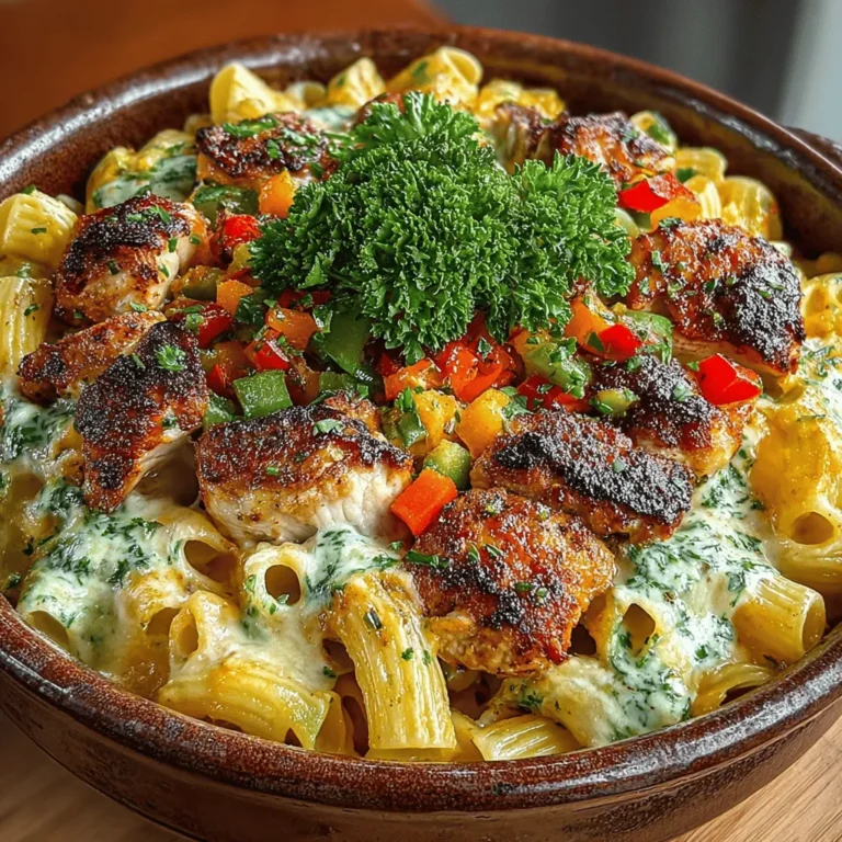 - 12 oz penne pasta - 1 lb boneless, skinless chicken breasts - 1 cup bell peppers (mixed colors, diced) - 1 medium onion (diced) - 3 cloves garlic (minced) - 1 tablespoon Cajun seasoning - 1 teaspoon smoked paprika - 1 cup heavy cream - 1 cup shredded cheddar cheese - 1/2 cup grated Parmesan cheese - 2 tablespoons olive oil - Salt and pepper to taste - Fresh parsley (for garnish)