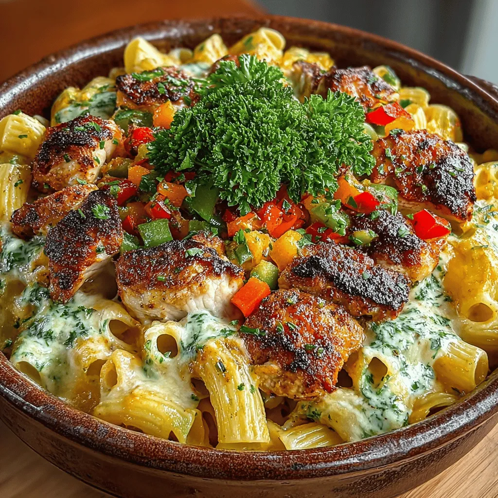 - 12 oz penne pasta - 1 lb boneless, skinless chicken breasts - 1 cup bell peppers (mixed colors, diced) - 1 medium onion (diced) - 3 cloves garlic (minced) - 1 tablespoon Cajun seasoning - 1 teaspoon smoked paprika - 1 cup heavy cream - 1 cup shredded cheddar cheese - 1/2 cup grated Parmesan cheese - 2 tablespoons olive oil - Salt and pepper to taste - Fresh parsley (for garnish)