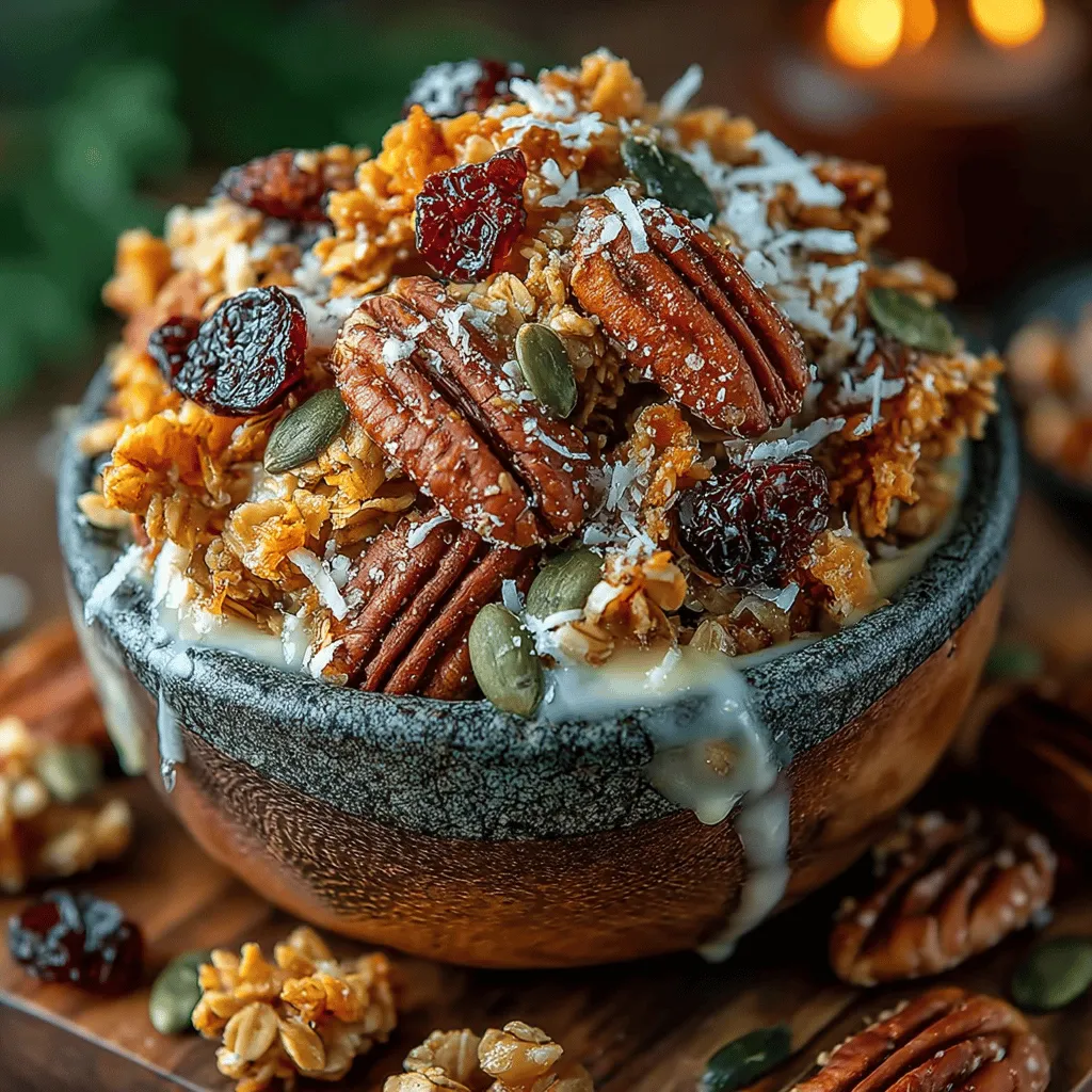 - 2 cups old-fashioned rolled oats - 1 cup pecans, chopped - 1/2 cup shredded coconut (optional) - 1/4 cup honey or maple syrup - 1/4 cup coconut oil, melted - 1 teaspoon vanilla extract - 1 teaspoon ground cinnamon - 1/2 teaspoon salt