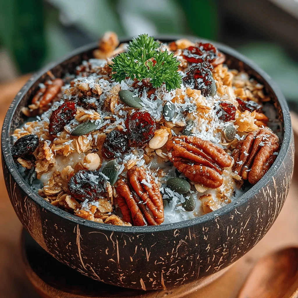 - 2 cups old-fashioned rolled oats - 1 cup pecans, chopped - 1/2 cup shredded coconut (optional) - 1/4 cup honey or maple syrup - 1/4 cup coconut oil, melted - 1 teaspoon vanilla extract - 1 teaspoon ground cinnamon - 1/2 teaspoon salt