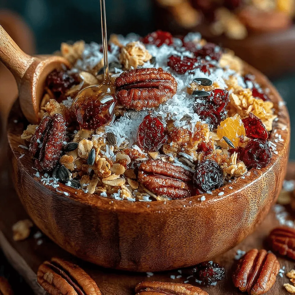 - 3 cups old-fashioned rolled oats - 1 cup pecans, chopped - 1/2 cup sunflower seeds - 1/2 cup unsweetened coconut flakes - 1/2 cup pure maple syrup - 1/4 cup coconut oil, melted - 1/2 teaspoon salt - 1 teaspoon vanilla extract - Optional add-ins: 1/2 cup dried cranberries, 1/2 cup dark chocolate chips
