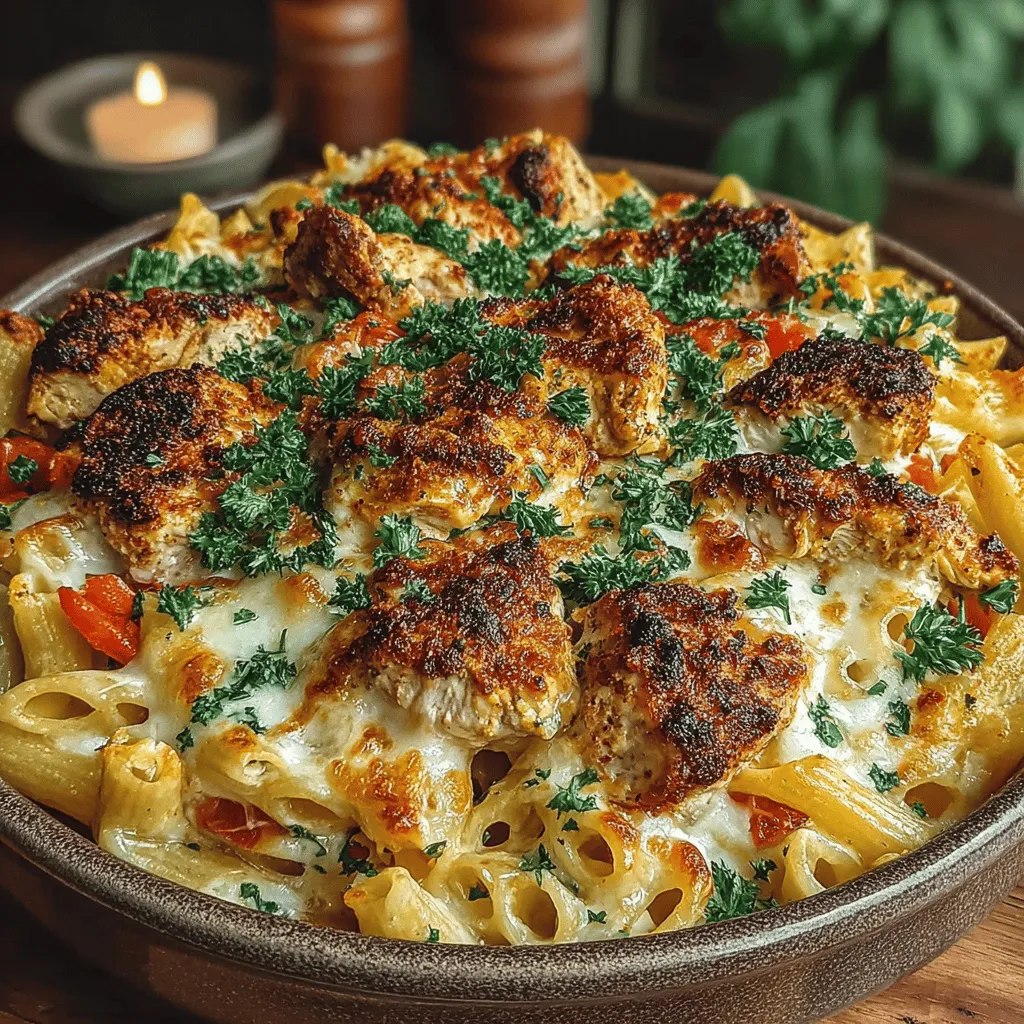 - 8 ounces penne pasta - 2 tablespoons olive oil - 1 pound chicken breasts, diced - 1 medium onion, chopped - 3 cloves garlic, minced - 1 red bell pepper, diced - 1 cup heavy cream - 1 cup shredded cheddar cheese - 1 cup shredded mozzarella cheese - 1/2 cup grated Parmesan cheese - 2 tablespoons Cajun seasoning - 1 teaspoon smoked paprika - Salt and pepper to taste - Optional: green onions for garnish