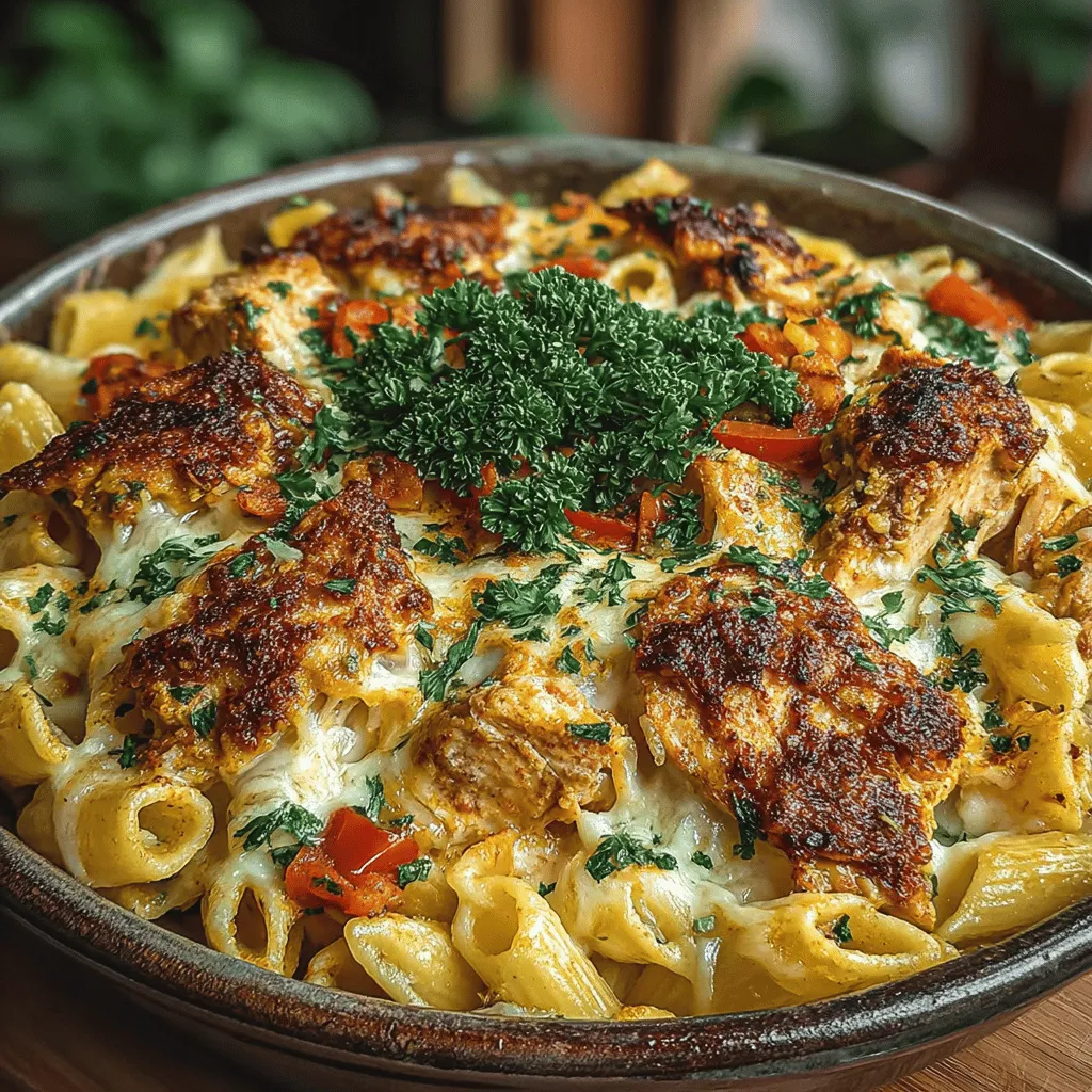 - 8 ounces penne pasta - 2 tablespoons olive oil - 1 pound chicken breasts, diced - 1 medium onion, chopped - 3 cloves garlic, minced - 1 red bell pepper, diced - 1 cup heavy cream - 1 cup shredded cheddar cheese - 1 cup shredded mozzarella cheese - 1/2 cup grated Parmesan cheese - 2 tablespoons Cajun seasoning - 1 teaspoon smoked paprika - Salt and pepper to taste - Optional: green onions for garnish