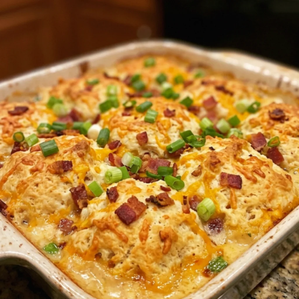 Bacon Cheddar Stuffed Chicken Biscuit Bake