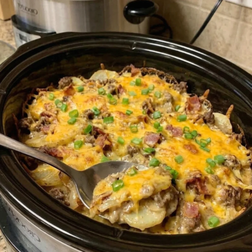 Bacon Cheeseburger Onion Gravy Potato Casserole