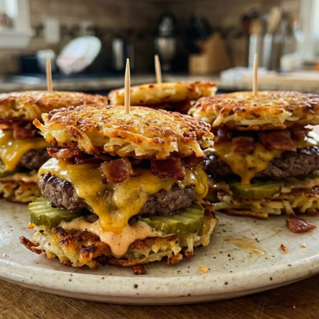 Bacon Cheeseburger Pickle Hash Brown Sliders
