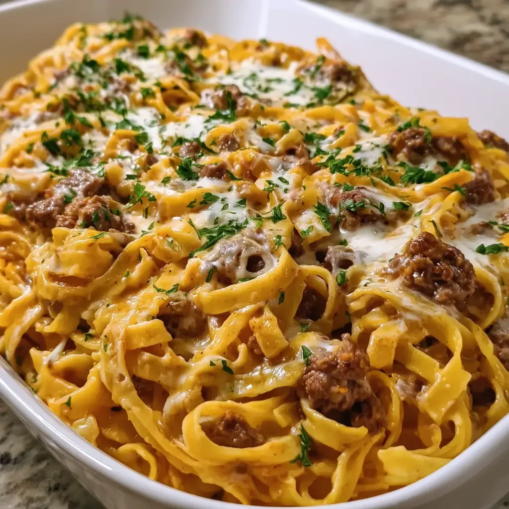 Beef Fettuccine with Cheddar Mozzarella Sauce