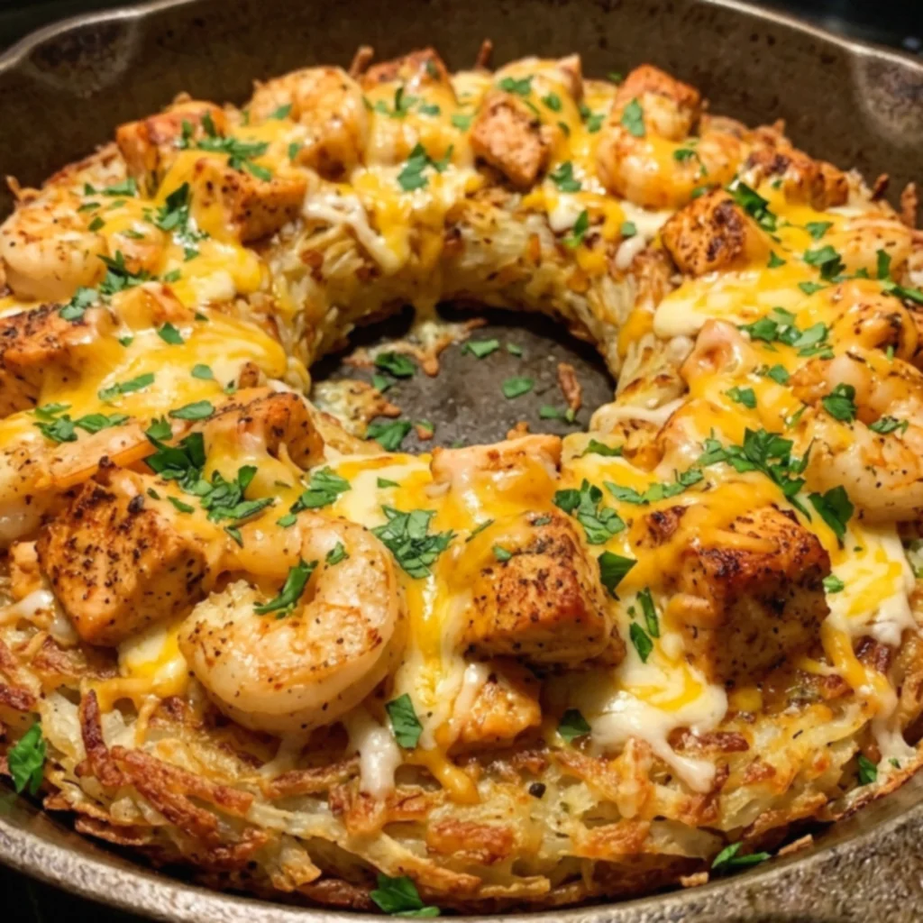 Cajun Garlic Butter Salmon & Shrimp Cheddar Hash Brown Ring