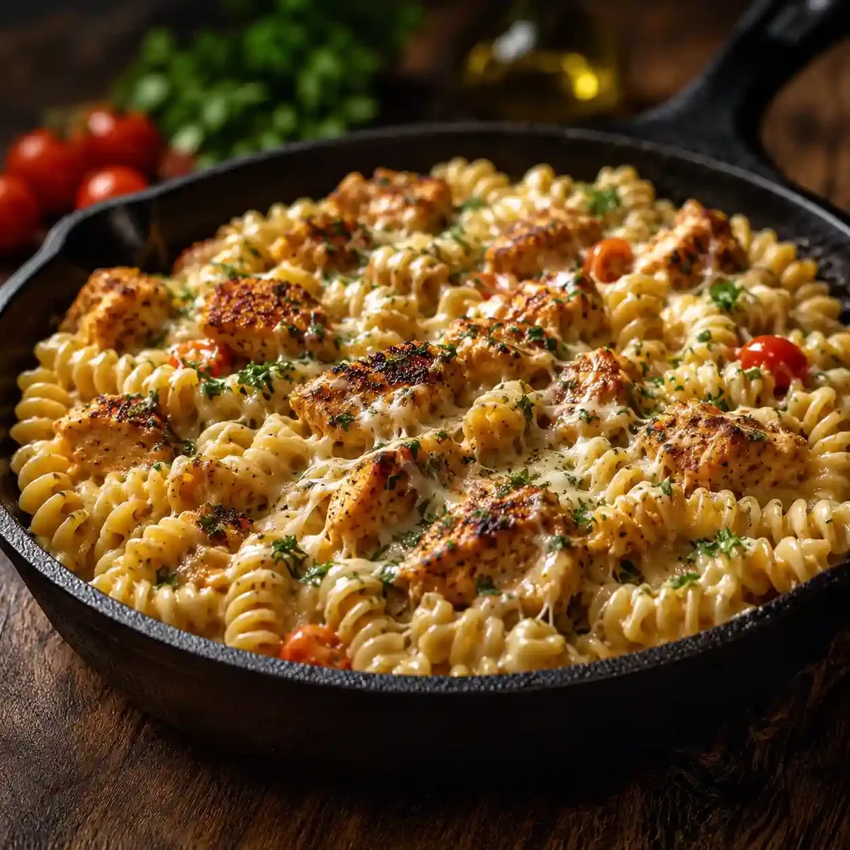 Cheesy Cajun Garlic Chicken Rotini Skillet