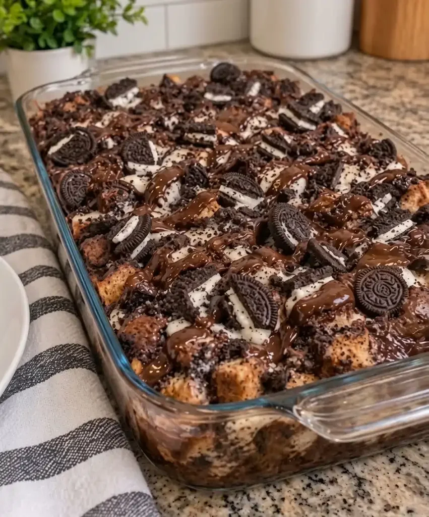 Chocolate Oreo Fudge Bread Pudding