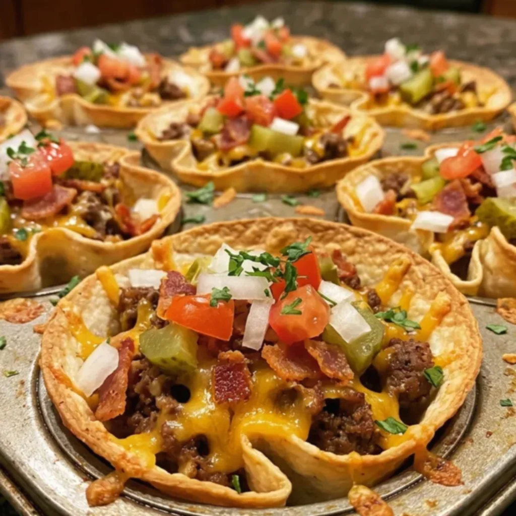 Crispy Cheesy Bacon Cheeseburger Taco Cups