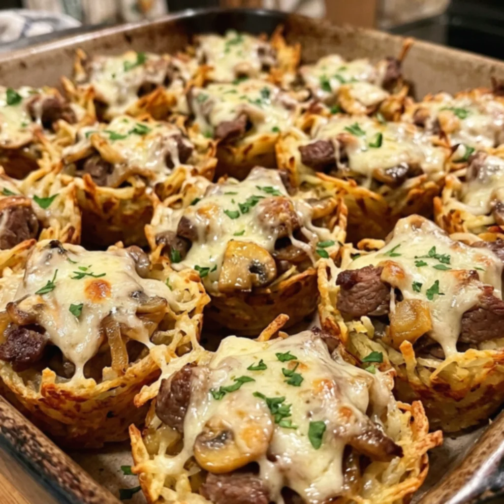 Garlic Butter Mushroom Swiss Philly Steak Cups