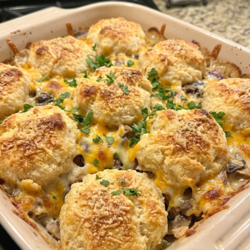 Garlic Parmesan Mushroom Chicken Biscuit Bake