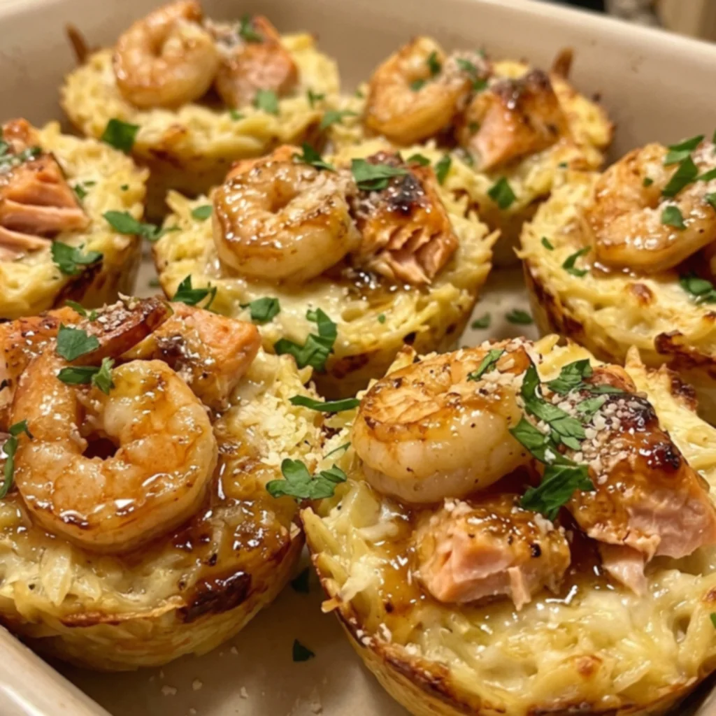 Honey Garlic Lemon Salmon Shrimp Orzo Cups
