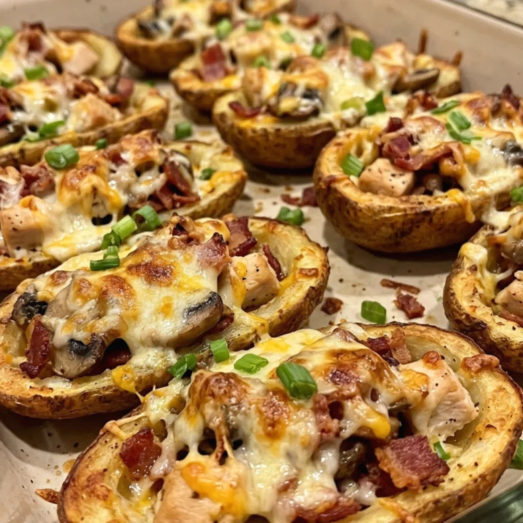 Mushroom Swiss Chicken Bacon Cheddar Potato Skins