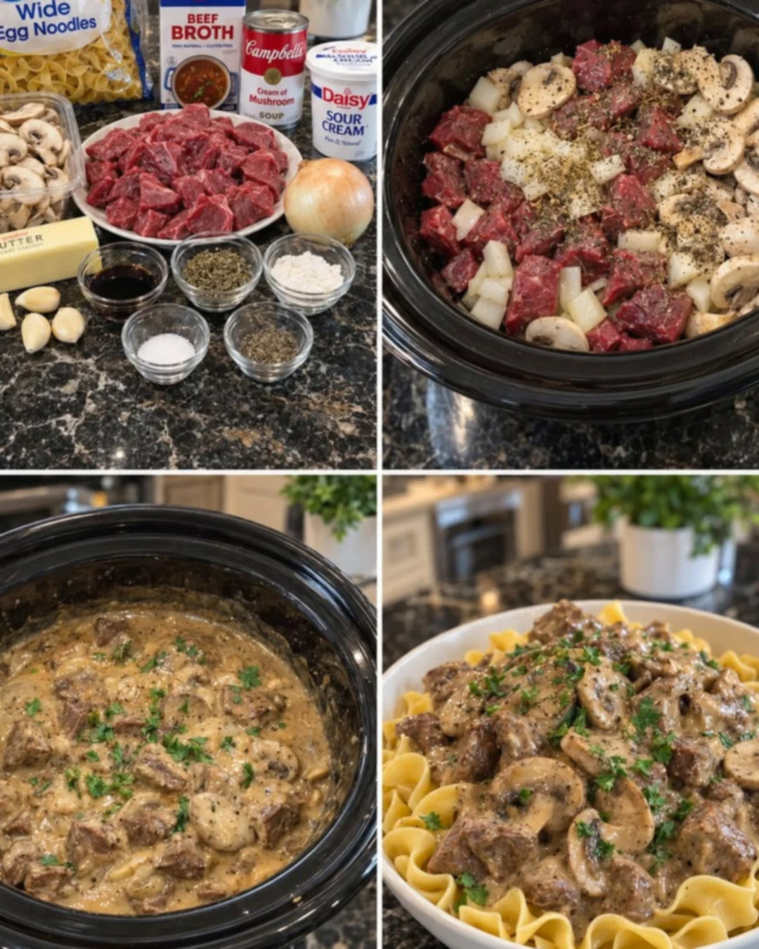 Slow-Cooker Beef Stroganoff Over Egg Noodles