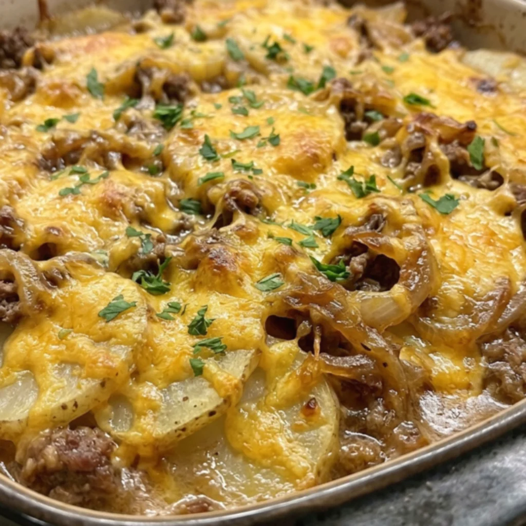 Smothered French Onion Beef Cheddar Potato Casserole