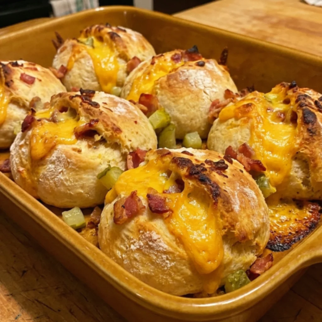 Bacon Cheeseburger Pickle Biscuit Bombs