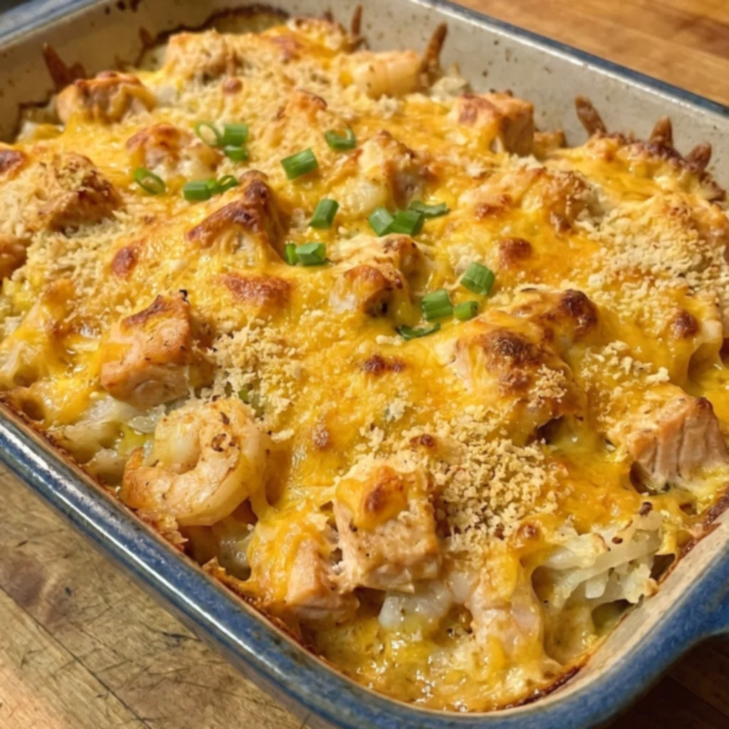 Cajun Butter Salmon Shrimp Hash Brown Gratin