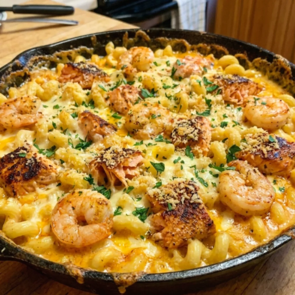 Cajun Salmon Shrimp Mac And Cheese Skillet