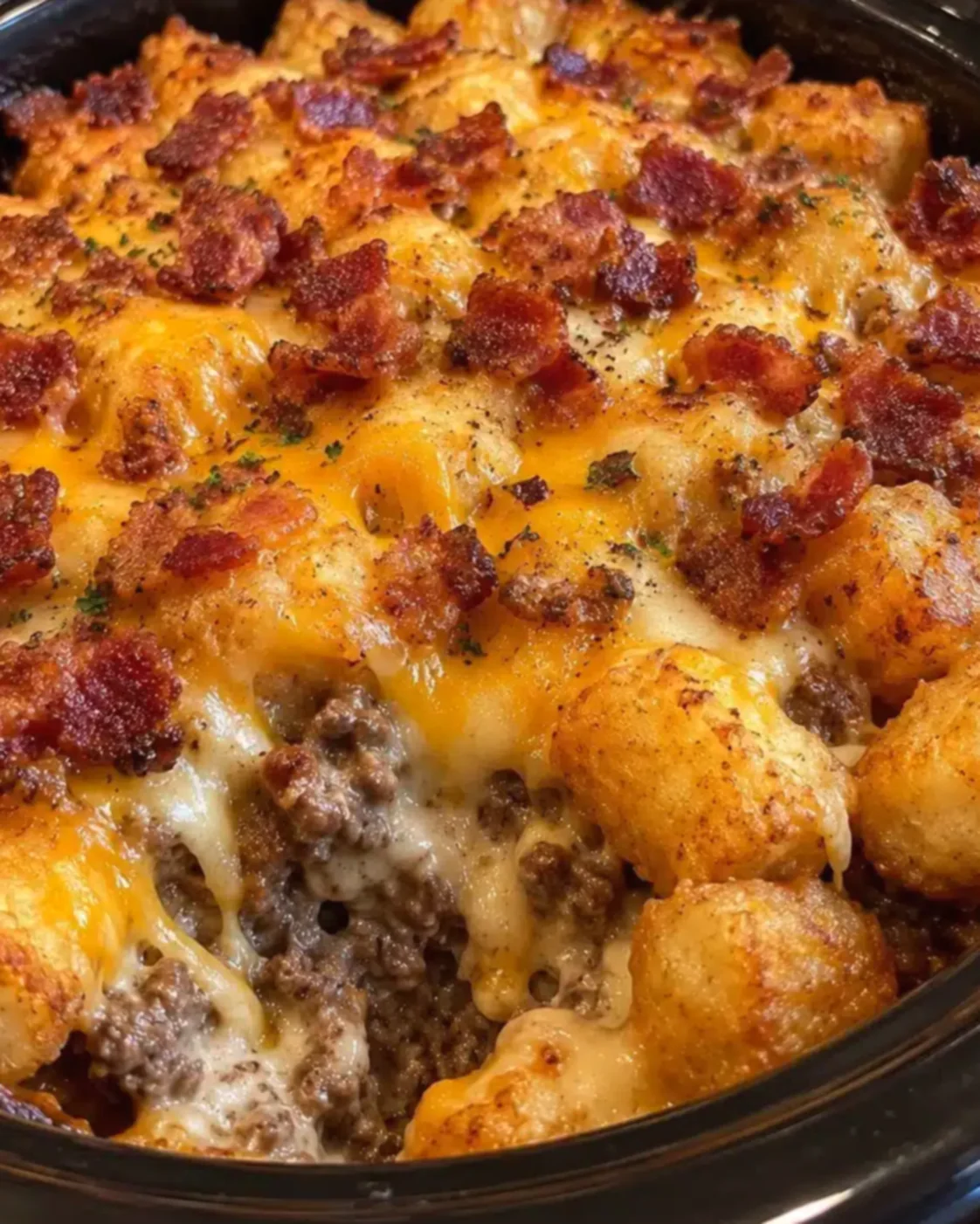 Cheesy Bacon Garlic Beef Tater Tot Casserole