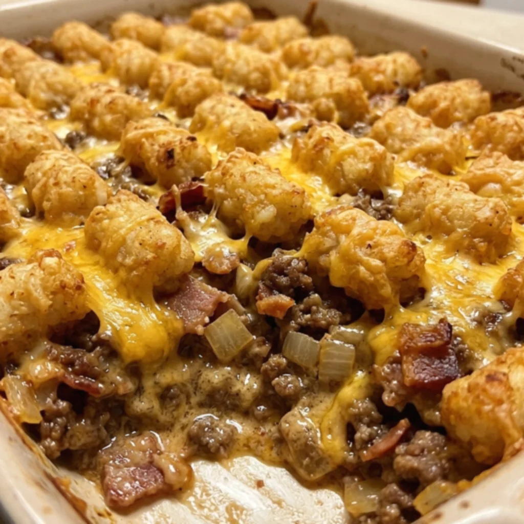 Cheesy BBQ Bacon Beef Tater Tot Bake