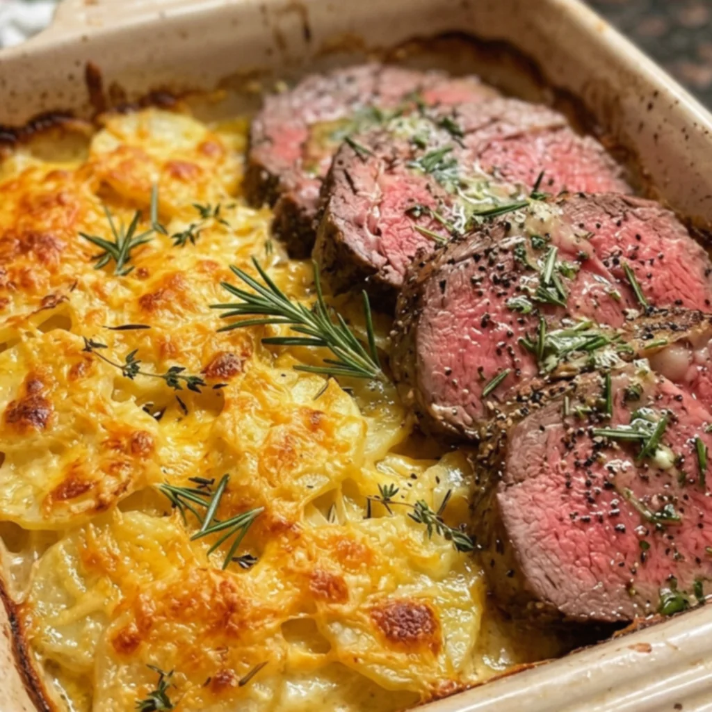 Christmas Garlic Butter Prime Rib Gratin