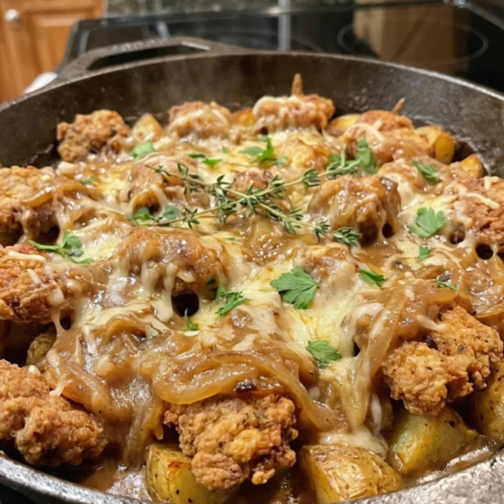 Country Fried Steak French Onion Gravy Potato Skillet