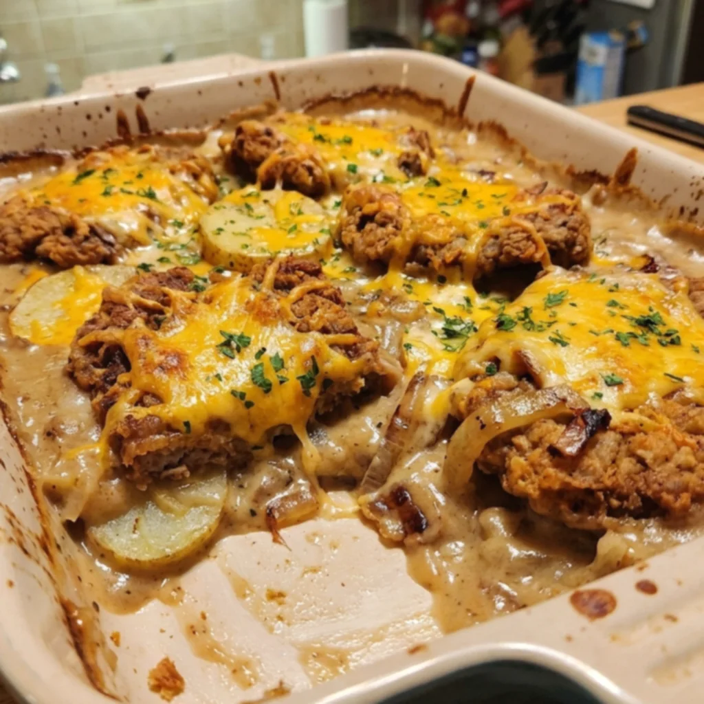 Country Fried Steak Onion Gravy Casserole