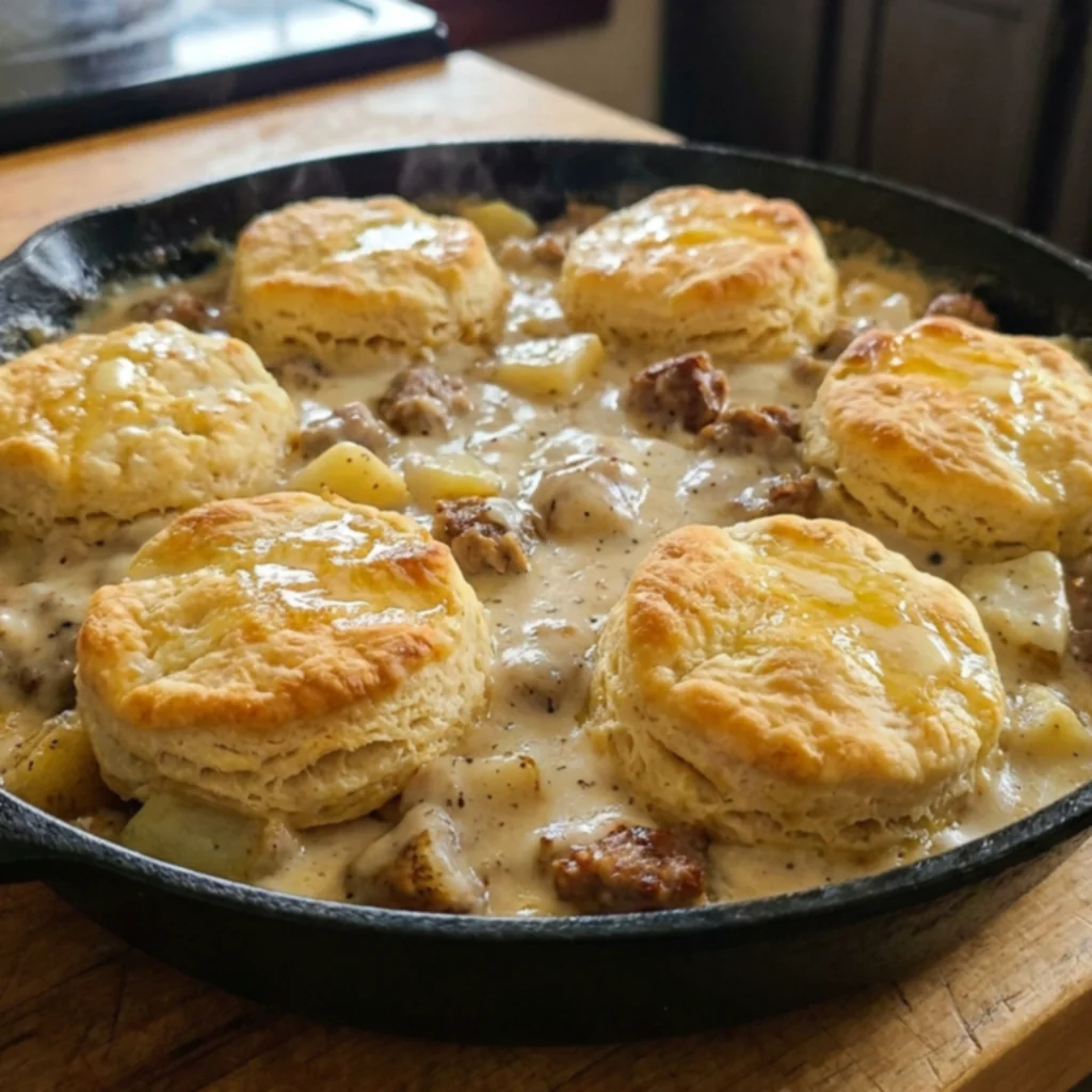 Country Sausage & Creamy Potato Gravy Biscuit Skillet