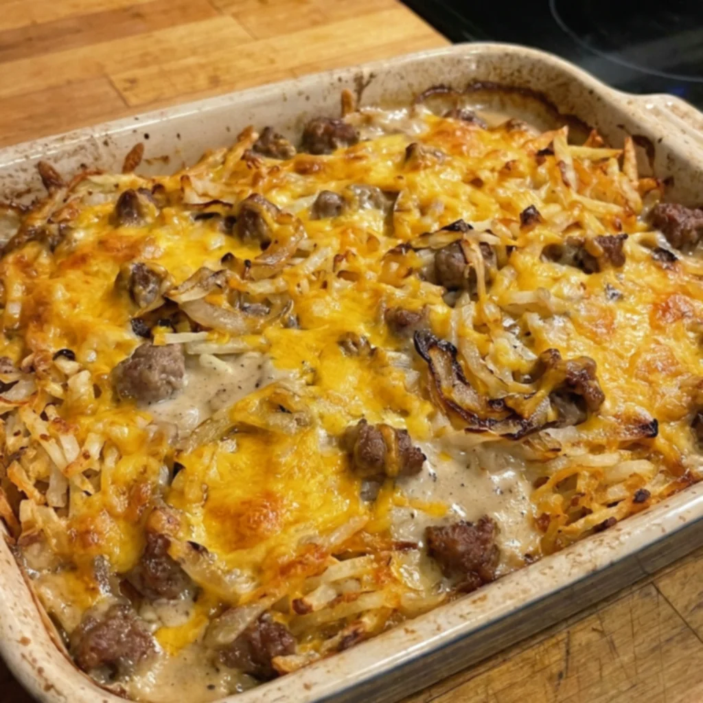 Country Sausage Onion Gravy Hash Brown Casserole