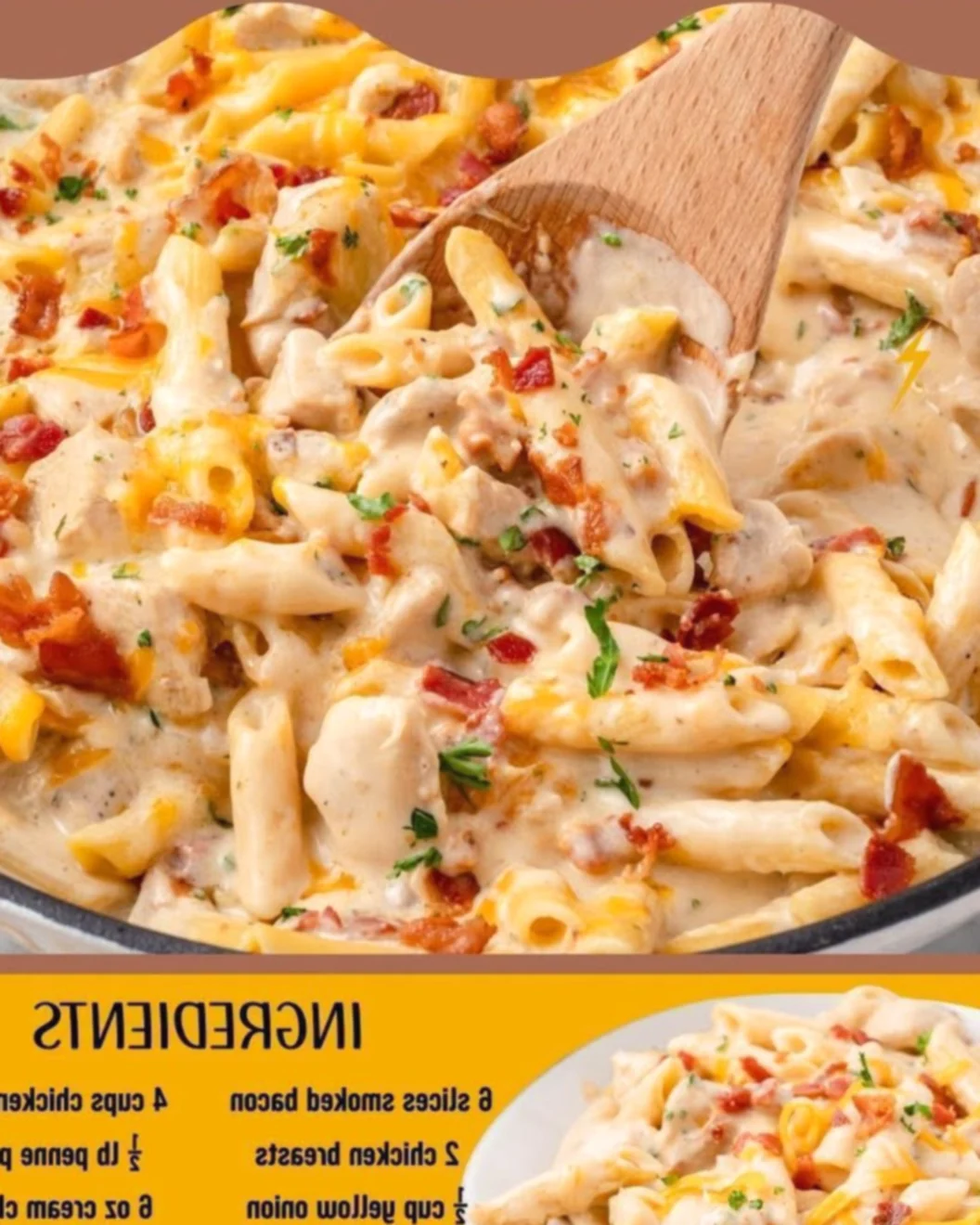 CRACK CHICKEN PENNE! 6 slices smoked bacon 2 chicken breasts ½ cup yellow onion ½ tsp salt recipe in comments