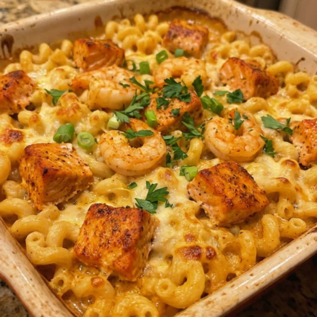 Creamy Cajun Salmon & Shrimp Baked Mac Cheese