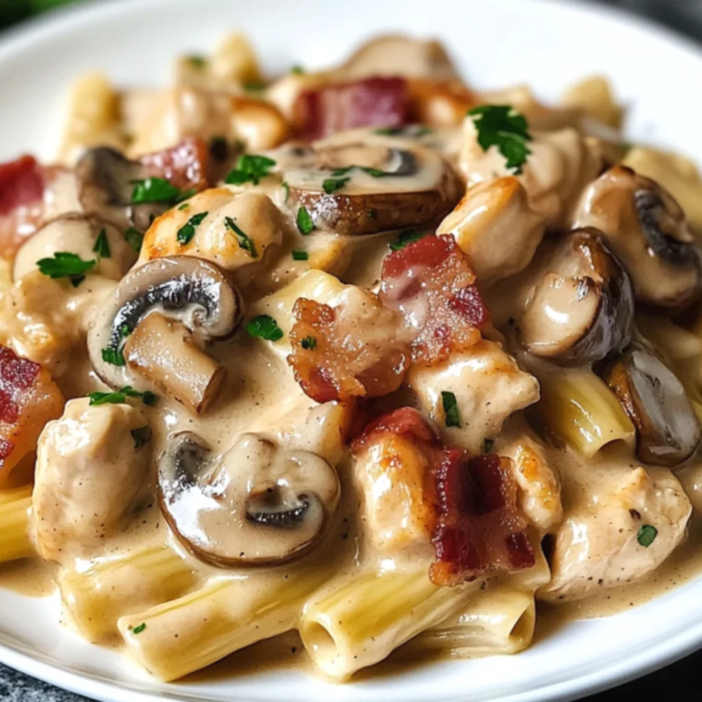 Creamy Chicken Bacon Mushroom Pasta Skillet
