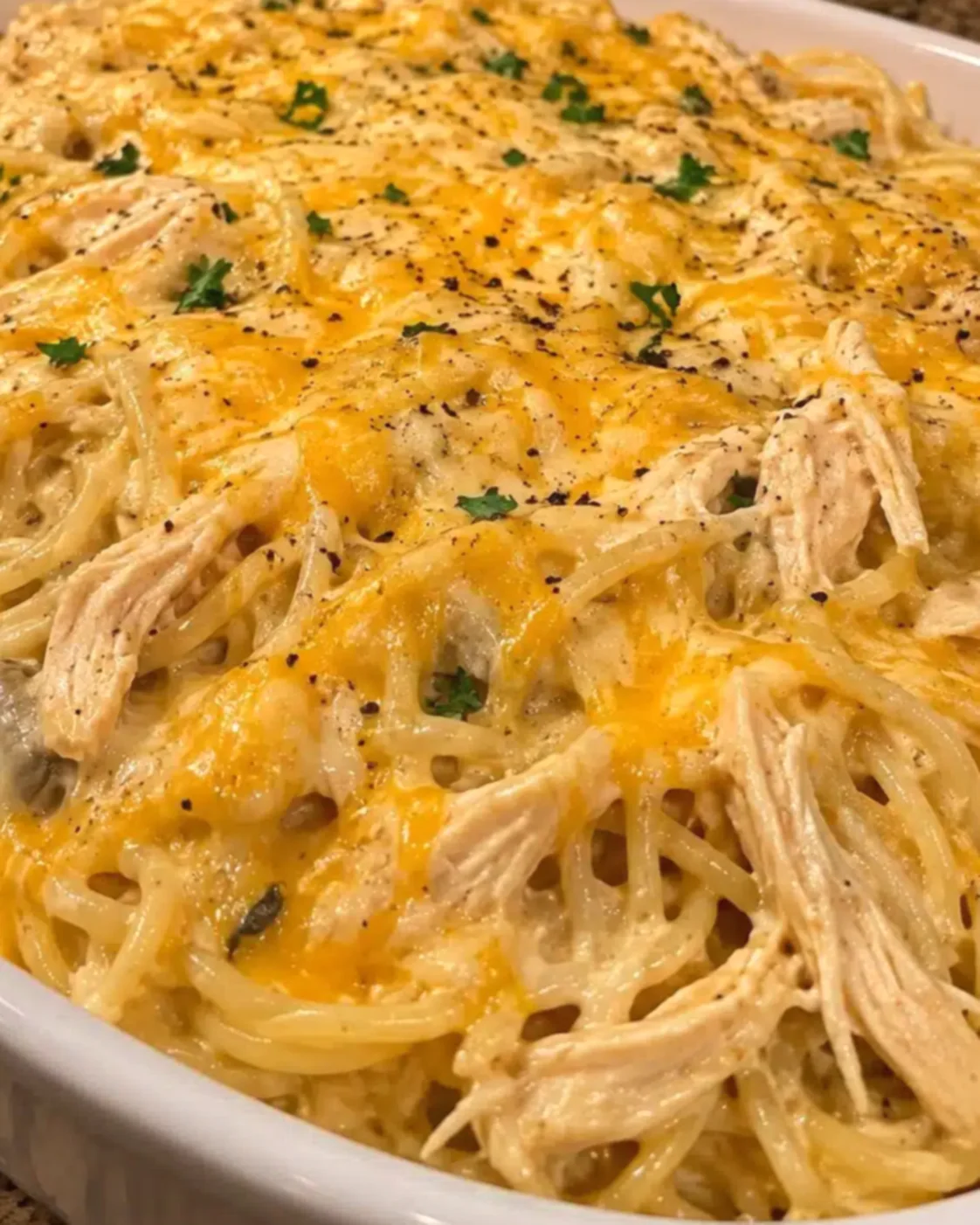 Creamy Crockpot Chicken Spaghetti
