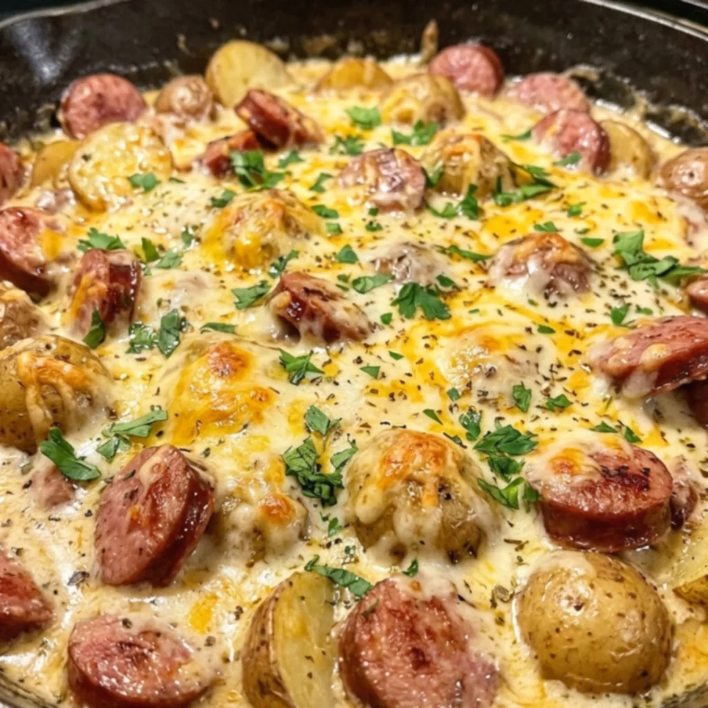 Creamy Garlic Parmesan Sausage & Baby Potato Skillet