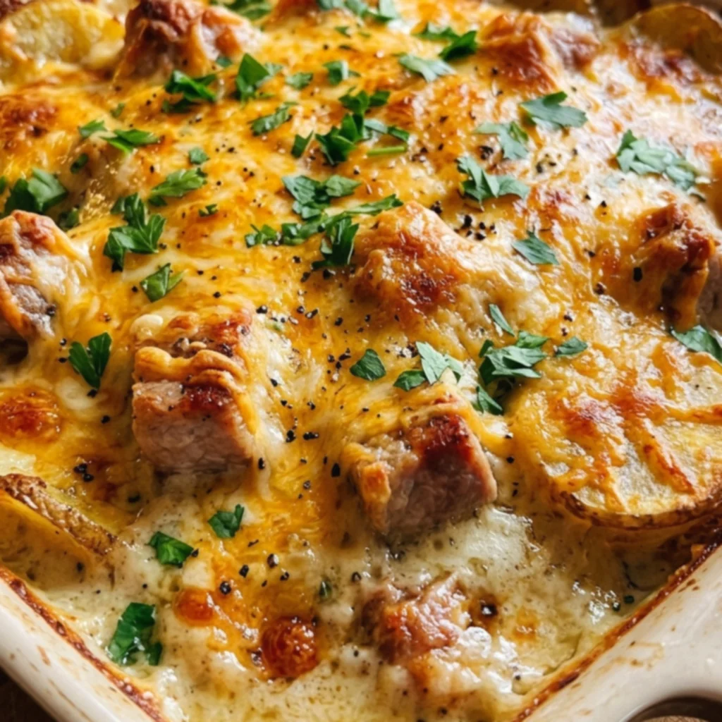 Creamy Garlic Pork Chop Cheddar Crispy Potato Bake