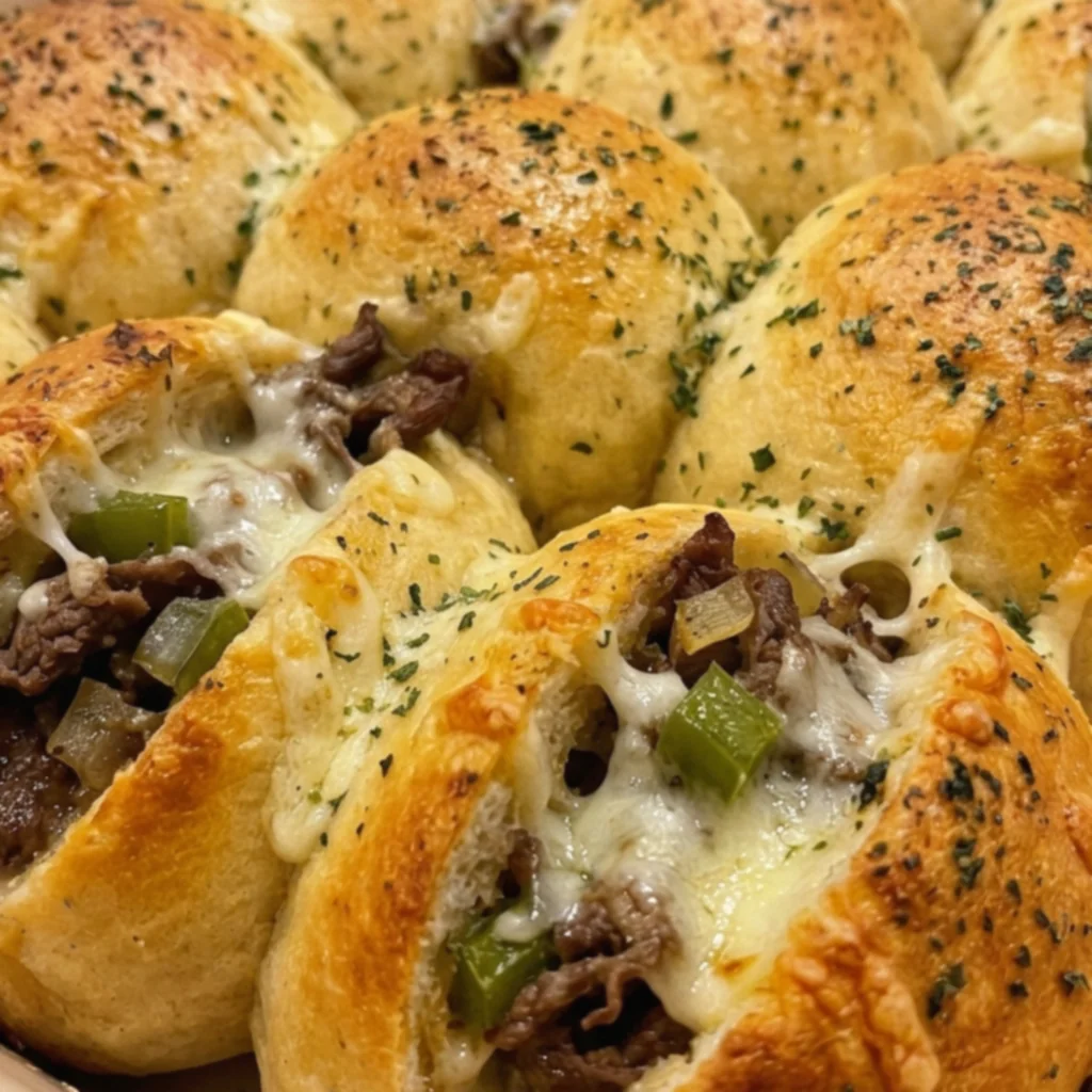 Crispy Garlic-Butter Philly Steak Stuffed Rolls