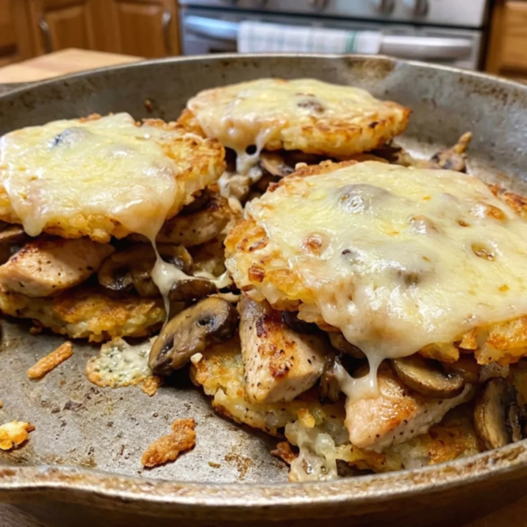 Crispy Mushroom Swiss Chicken Hash Brown Stacks