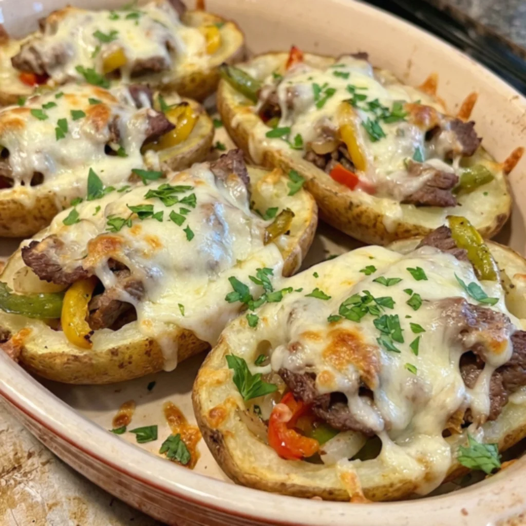 Crispy Philly Cheesesteak Stuffed Potato Skins