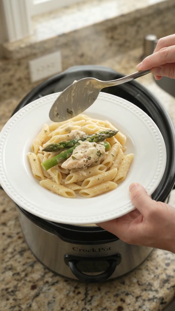 Crockpot Creamy Mozzarella Asparagus Chicken