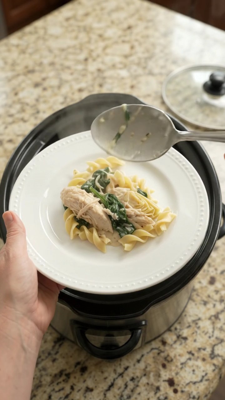 Crockpot Creamy Parmesan Spinach Artichoke Chicken