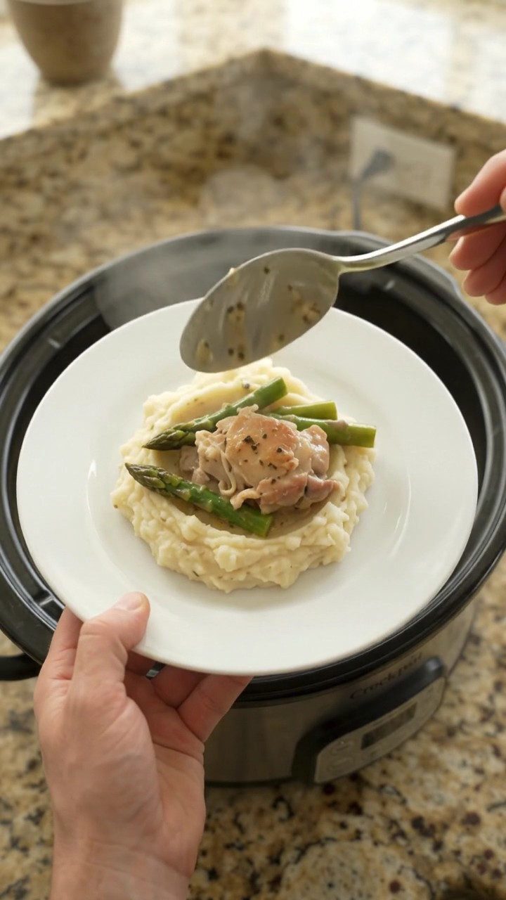 Crockpot Velvety Swiss Asparagus Chicken Thighs