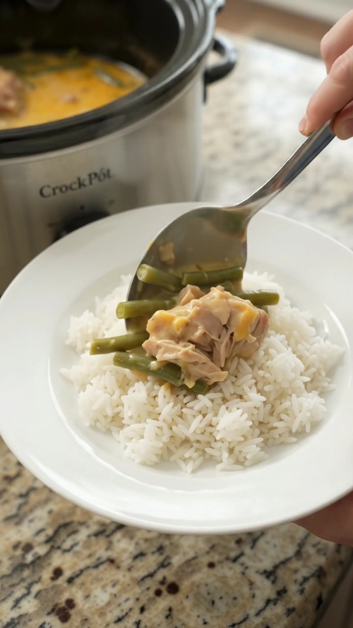 Crockpot Velvety Cheddar Green Bean Chicken Thighs