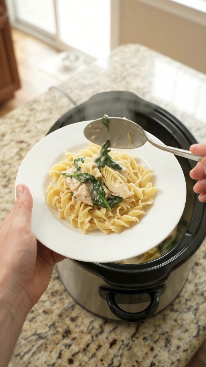 Crockpot Golden Parmesan Spinach Artichoke Chicken Tenders